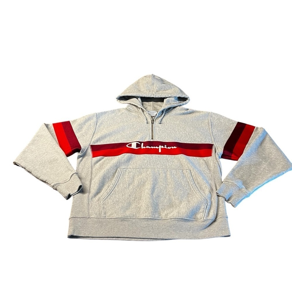 Champion Men’s Gray & Red Reverse Weave Hoodie Size Large